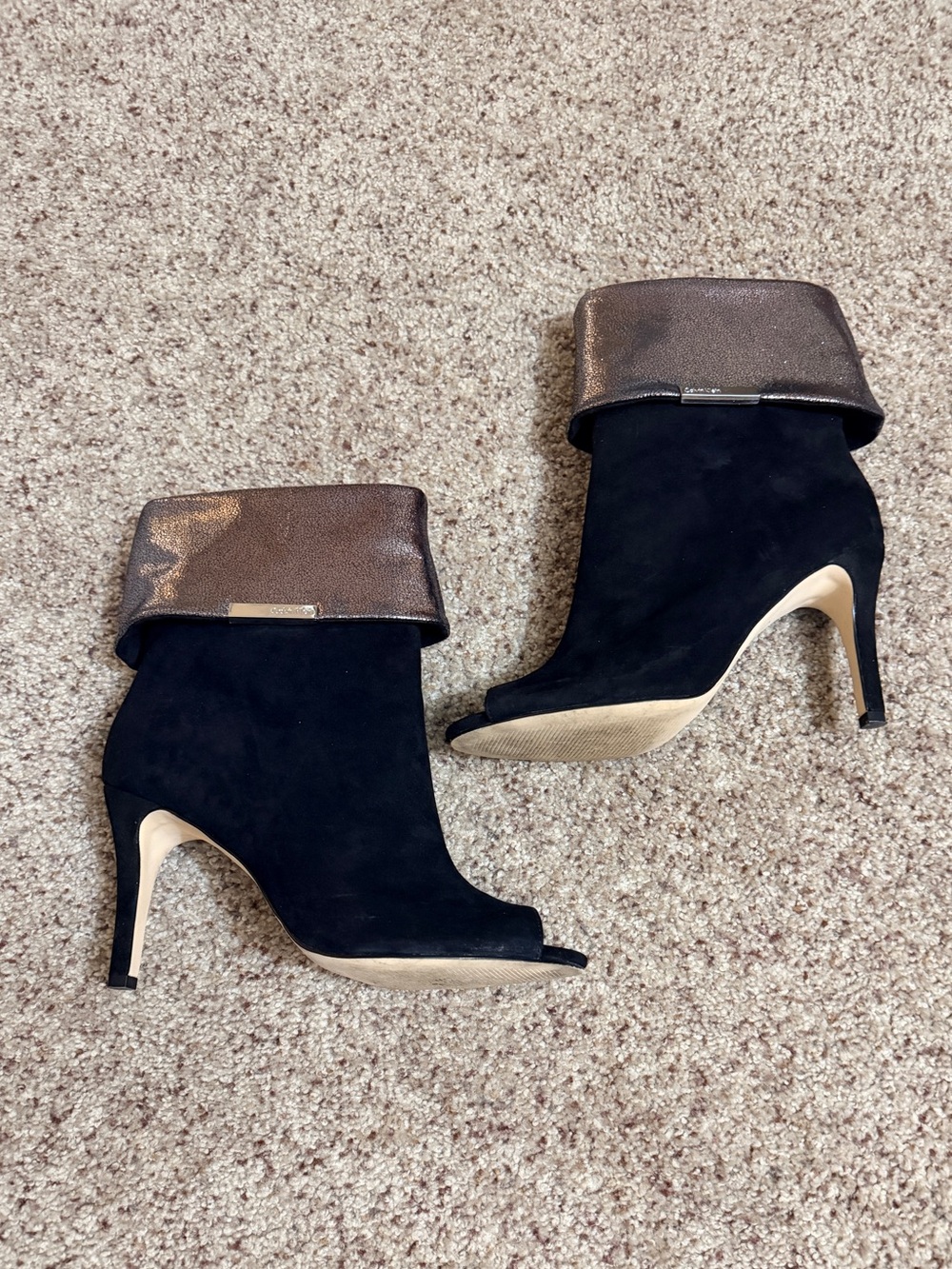 Calvin Klein Kaiya Black Suede Peep-Toe Booties | Size 7.5